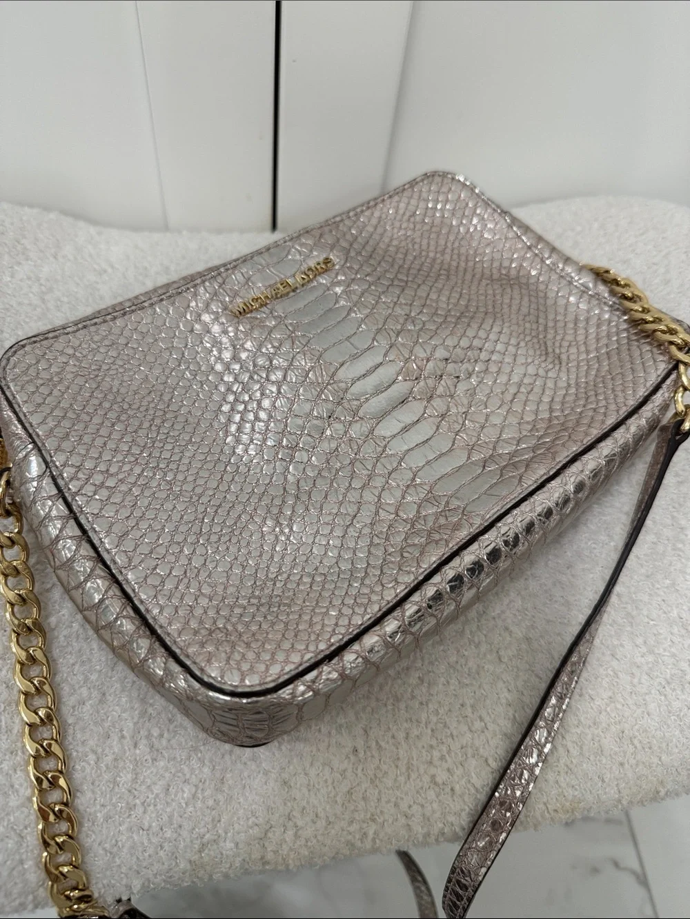 Michael Kors Metallic Snake-Embossed Crossbody Bag in Rose Gold